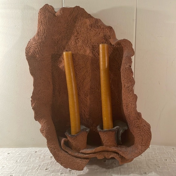 Handcrafted Clay Double Candle Wall Sconce- Unique and Original Signed Artist - Picture 1 of 12